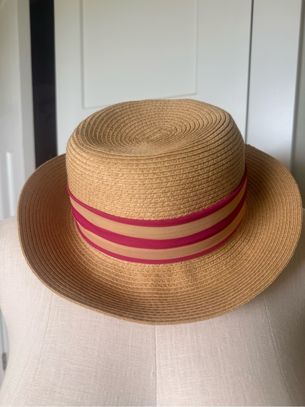 Dana Buchman Straw Boater with Pink and Tan Striped Band